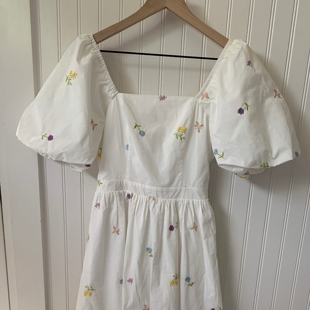 English Factory square neck floral embroidered puff sleeve dress